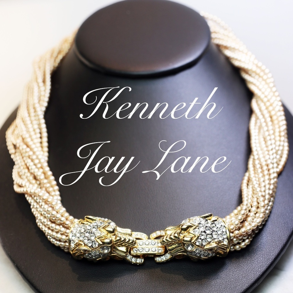 Kenneth Jay Lane Crystal Panther Doorknocker Seed Pearl Necklace *signed* EUC
